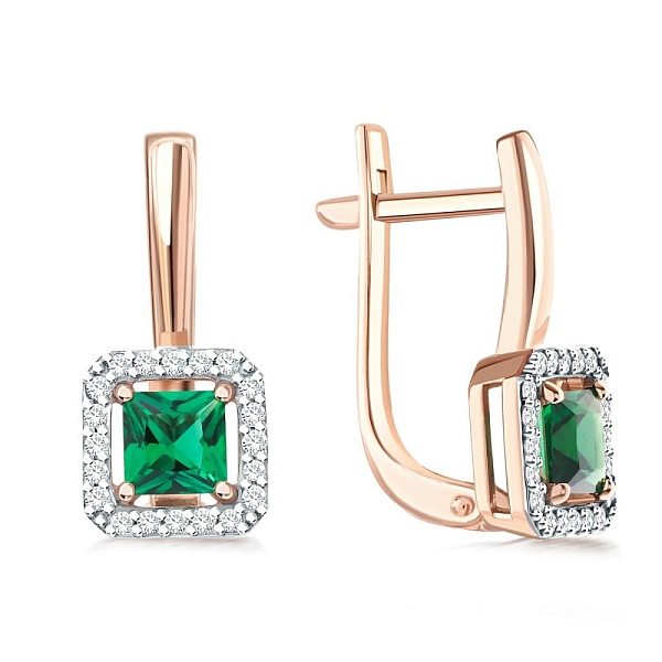 Серьги из красного золота с 2 изумрудами и 40 бриллиантами