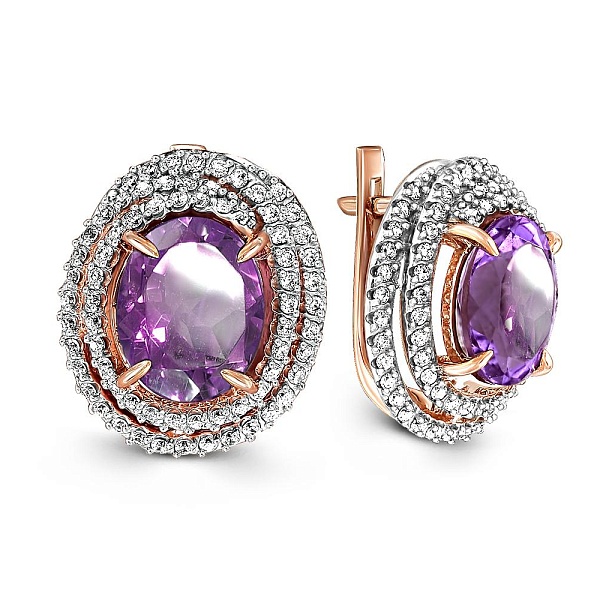 Серьги из красного золота с 2 аметистами и 138 фианитами
