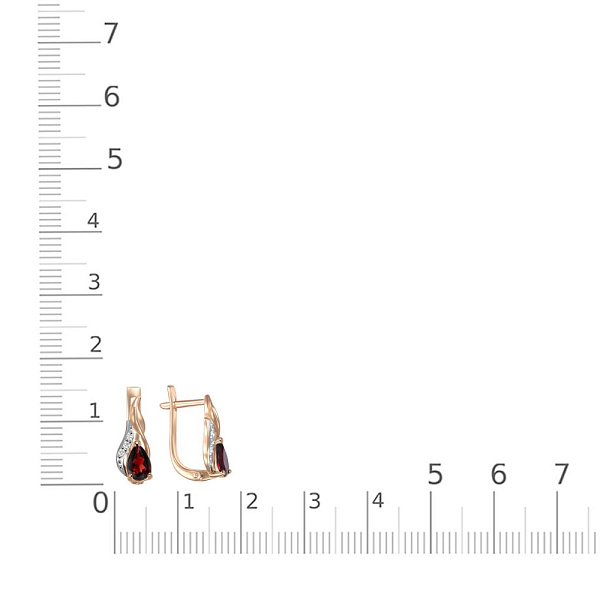 Серьги из красного золота с 2 гранатами и 6 фианитами