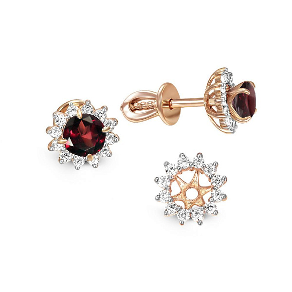 Серьги-пусеты из красного золота с 2 гранатами и 24 фианитами