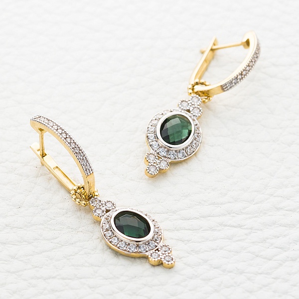 Серьги-трансформеры из жёлтого золота с 2 кварцами и 70 фианитами