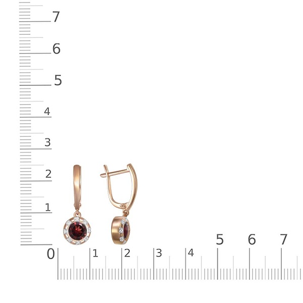 Серьги из красного золота с 2 гранатами и 16 фианитами