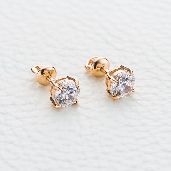 Серьги-пусеты из красного золота с 2 кристаллами swarovski