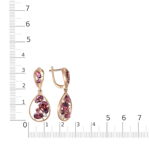 Серьги из красного золота с 12 родолитами и 2 фианитами