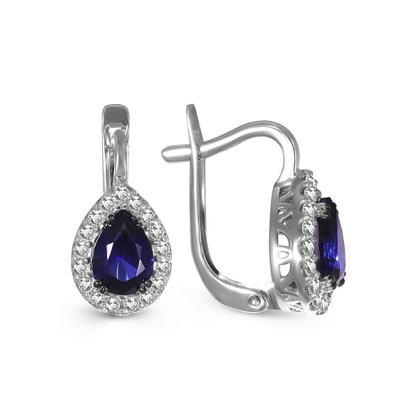 Серьги из белого золота с 2 корундами и 34 фианитами