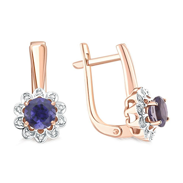 Серьги Цветы из красного золота с 2 иолитами и 20 фианитами