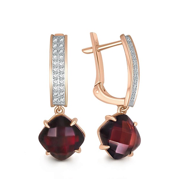 Серьги из красного золота с 2 гранатами и 44 фианитами