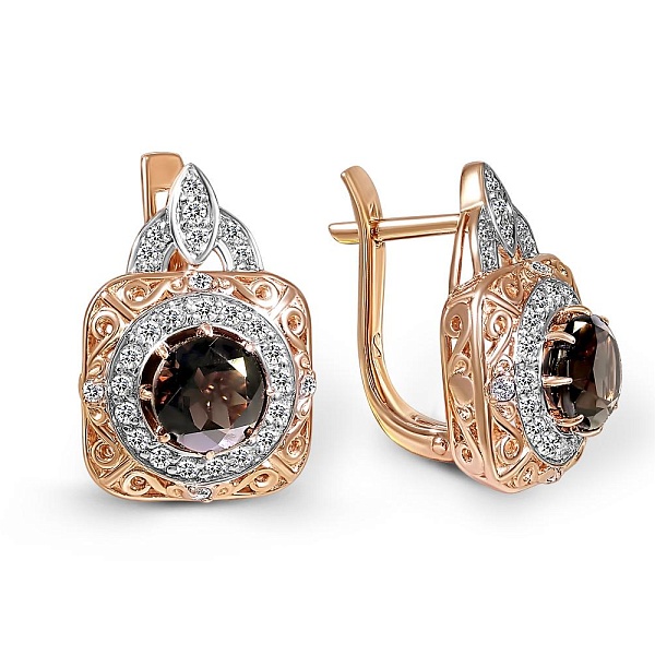 Серьги из красного золота с 2 раухтопазами и 56 фианитами