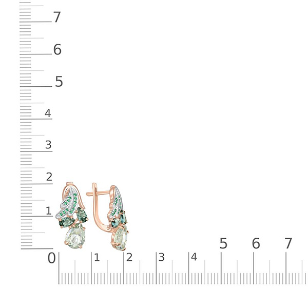 Серьги из красного золота с празиолитами, турмалинами и фианитами