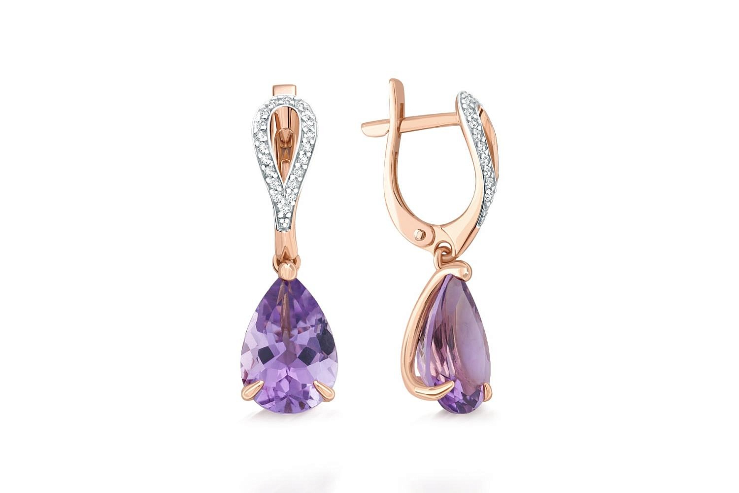 Серьги из красного золота с 2 аметистами и 40 фианитами