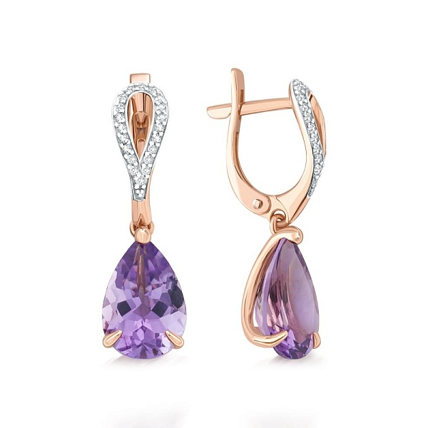 Серьги из красного золота с 2 аметистами и 40 фианитами