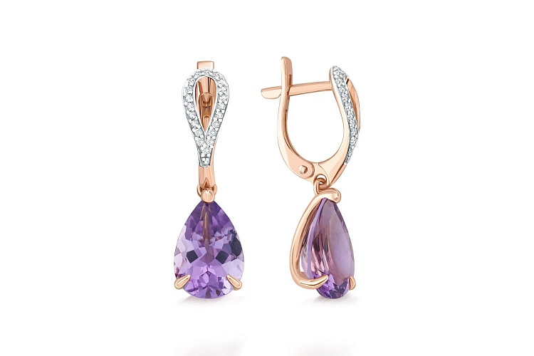 Серьги из красного золота с 2 аметистами и 40 фианитами