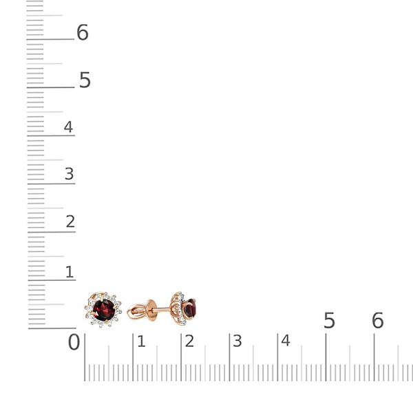 Серьги-пусеты из красного золота с 2 гранатами и 24 фианитами