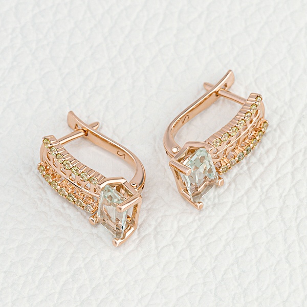 Серьги из красного золота с 2 празиолитами и 28 фианитами