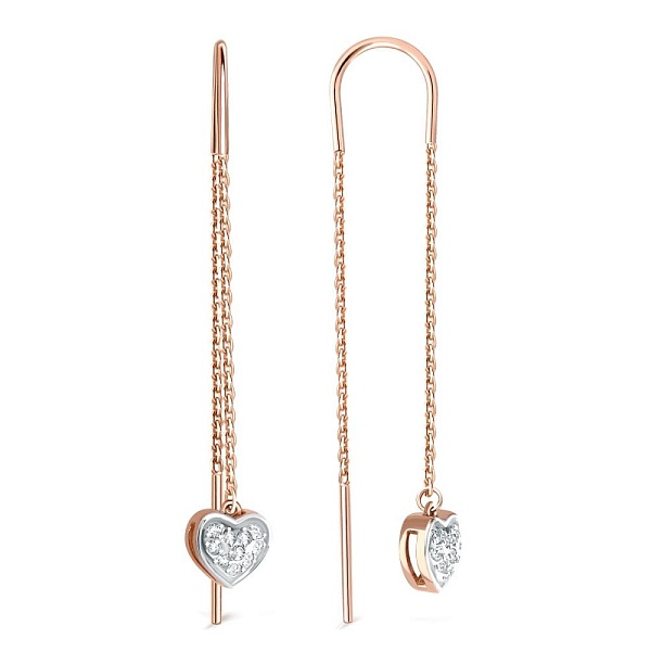 Серьги-продёвки Сердца из красного золота с 20 бриллиантами