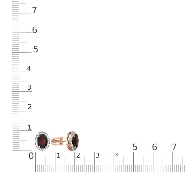 Серьги-пусеты из красного золота с 2 гранатами и 44 фианитами