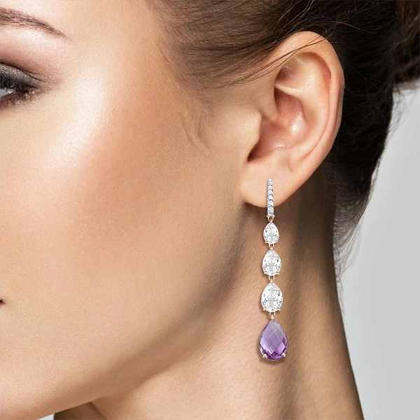 Серьги из красного золота с 2 аметистами и 20 фианитами