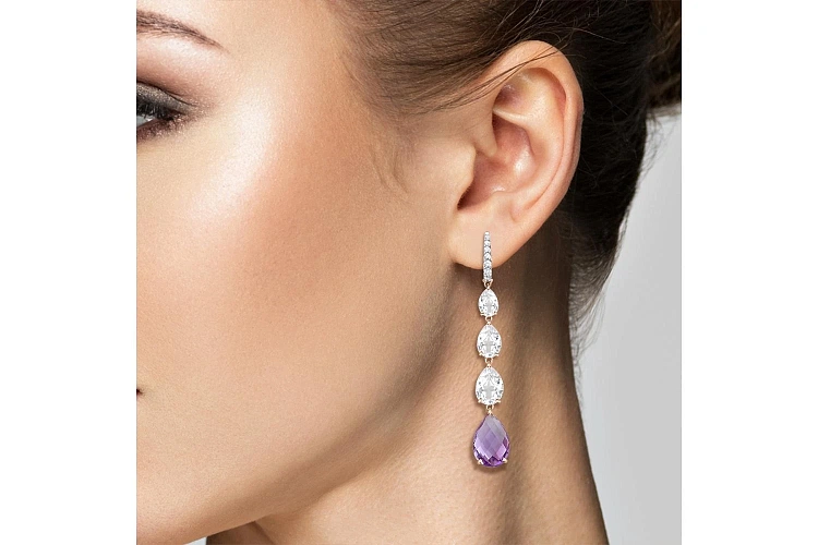 Серьги из красного золота с 2 аметистами и 20 фианитами