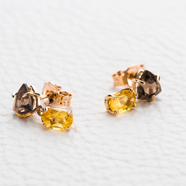 Серьги-пусеты из красного золота с 2 раухтопазами и 2 цитринами