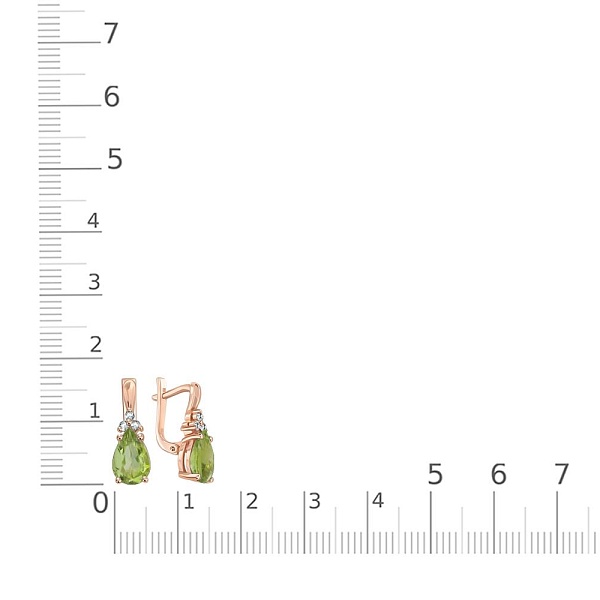 Серьги из красного золота с 2 хризолитами и 6 фианитами