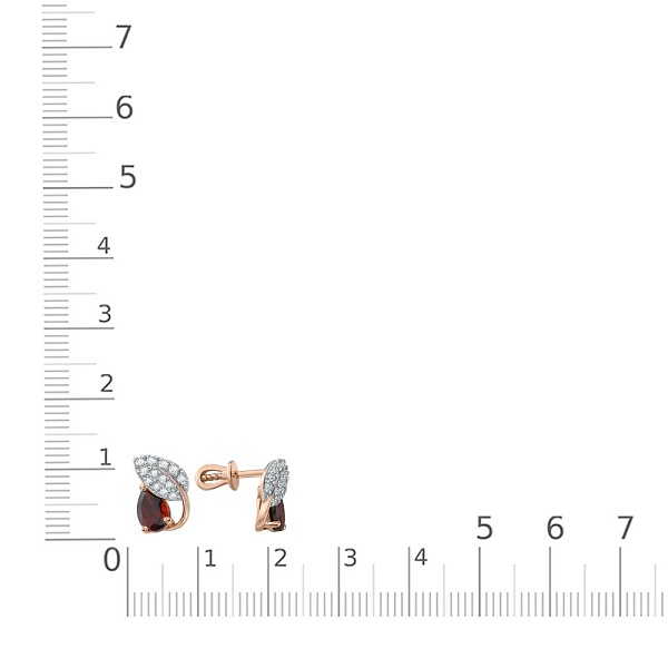 Серьги-пусеты Веточки из красного золота с 2 гранатами и 26 фианитами