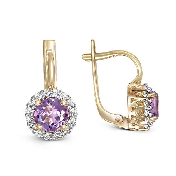 Серьги из жёлтого золота с 2 аметистами и 32 фианитами