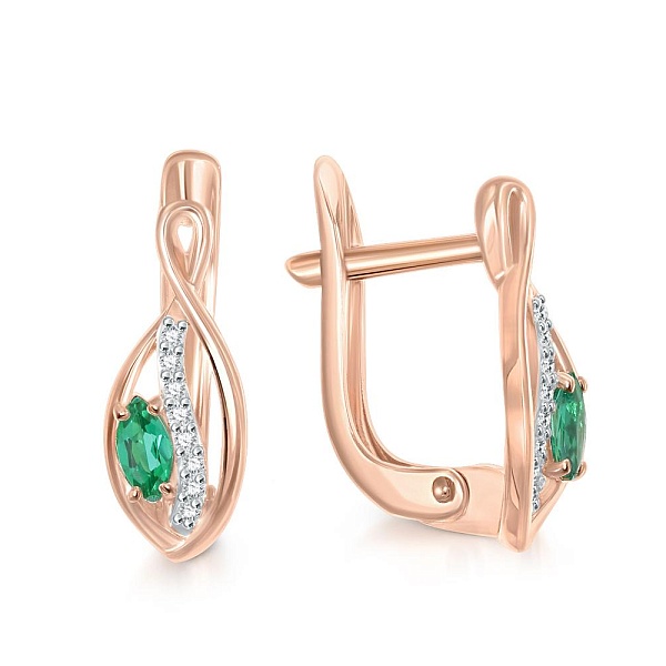 Серьги из красного золота с 2 изумрудами и 16 бриллиантами