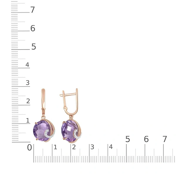 Серьги из красного золота с 2 аметистами и 16 фианитами