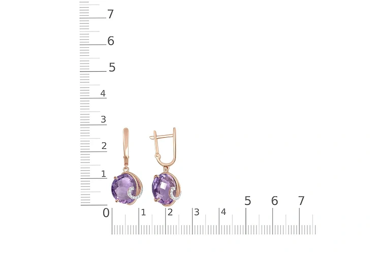 Серьги из красного золота с 2 аметистами и 16 фианитами