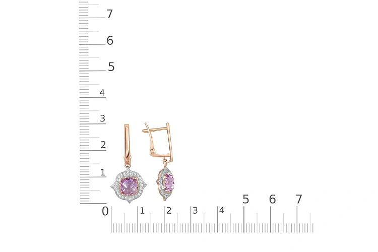 Серьги из красного золота с 2 аметистами и 48 фианитами