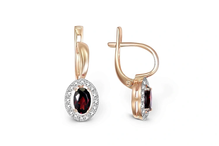 Серьги из красного золота с 2 гранатами и 32 фианитами