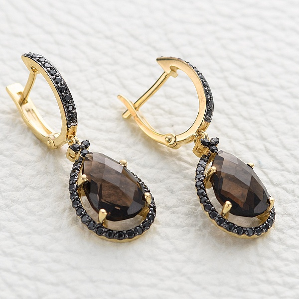 Серьги из жёлтого золота с 2 раухтопазами и 78 фианитами