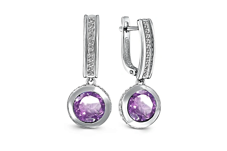 Серьги из белого золота с 2 аметистами и 74 фианитами