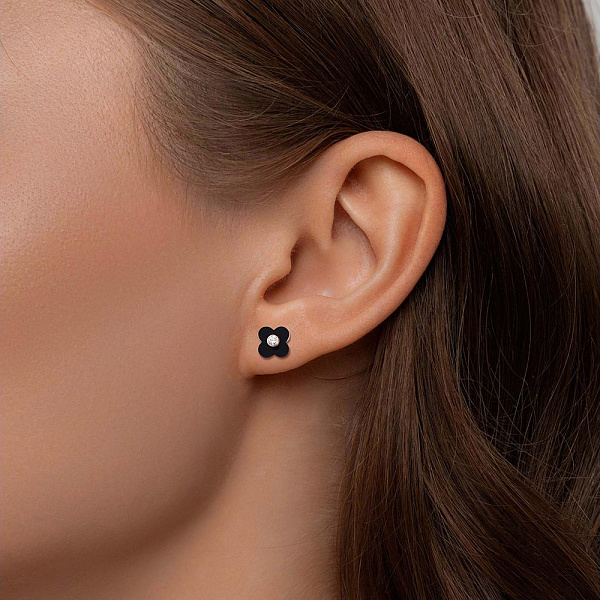 Серьги-пусеты Клевер из красного золота с 2 ониксами и 2 фианитами