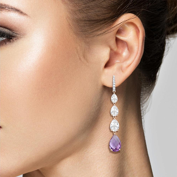 Серьги из красного золота с 2 аметистами и 20 фианитами