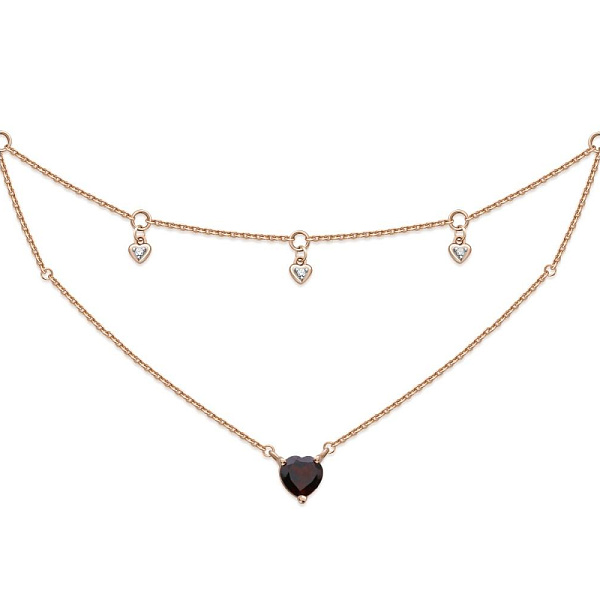 Колье Сердце из красного золота с гранатом и 3 фианитами