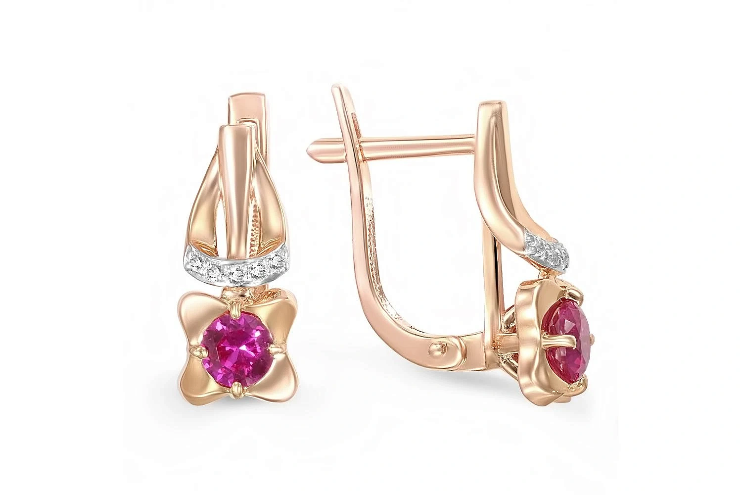 Серьги из красного золота с 2 корундами и 10 фианитами