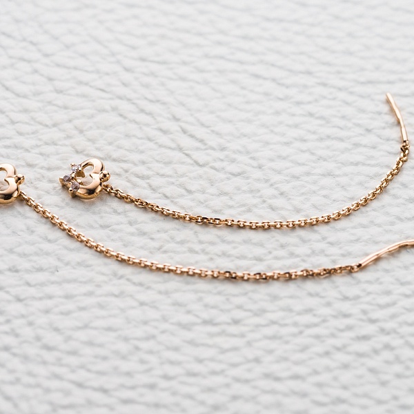 Серьги-продёвки Сердца из красного золота с 6 фианитами