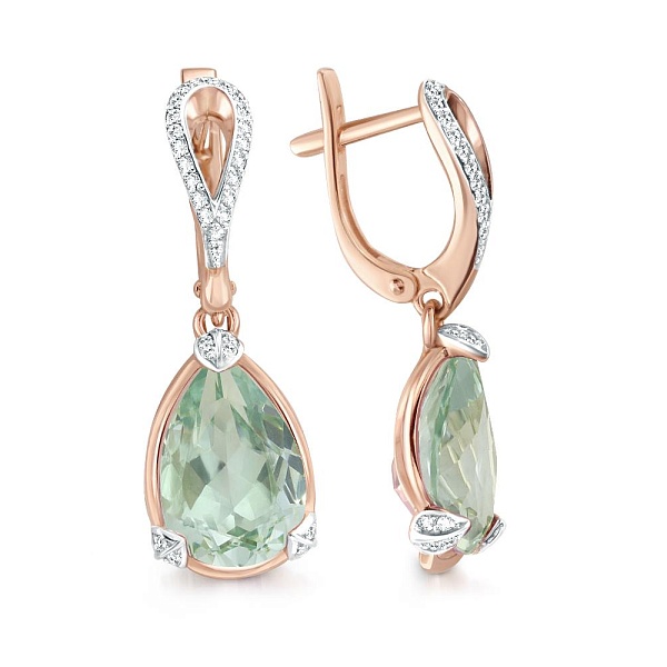 Серьги из красного золота с 2 празиолитами и 64 фианитами