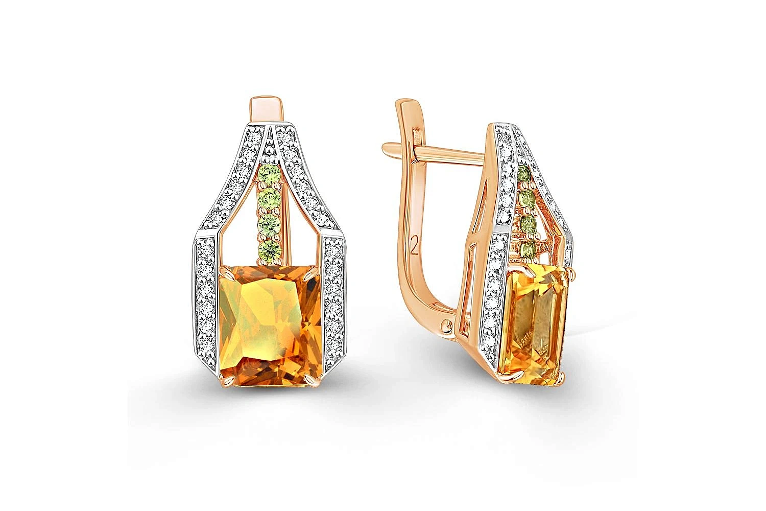 Серьги из жёлтого золота с 2 цитринами и 56 фианитами