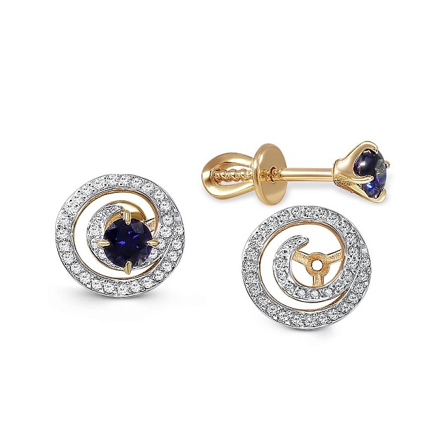 Серьги-пусеты из жёлтого золота с 2 корундами и 72 фианитами