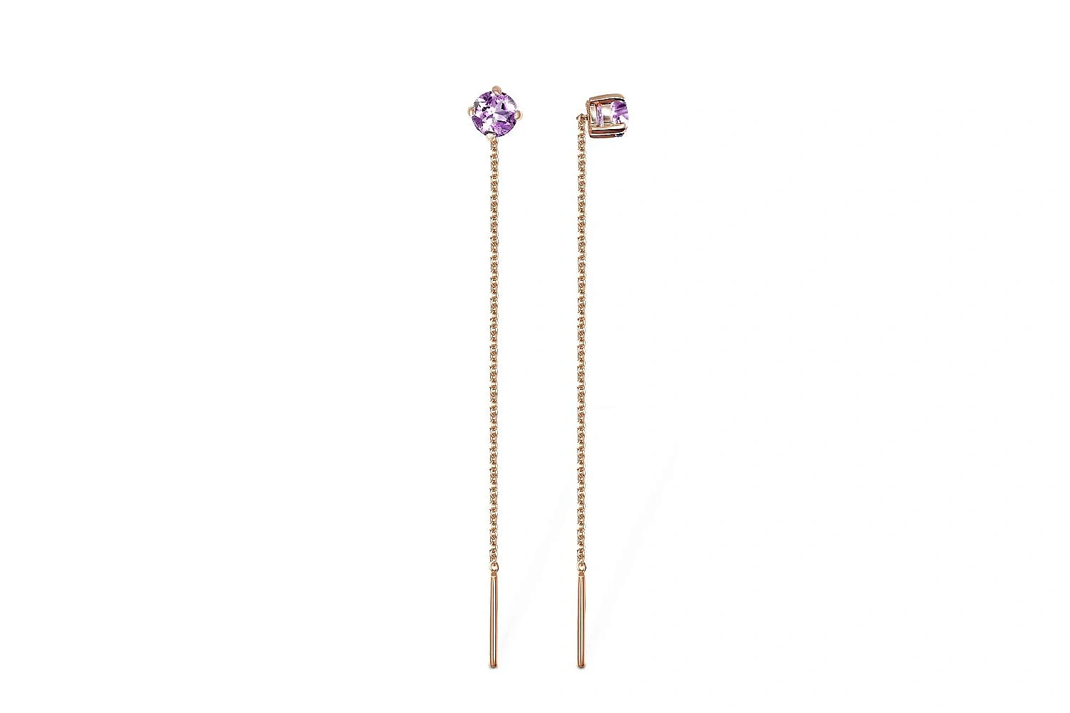 Серьги-продёвки из красного золота с 2 аметистами