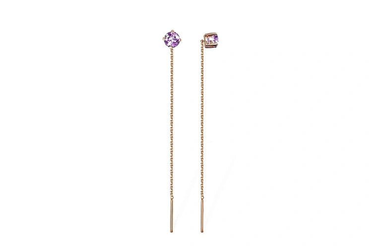 Серьги-продёвки из красного золота с 2 аметистами