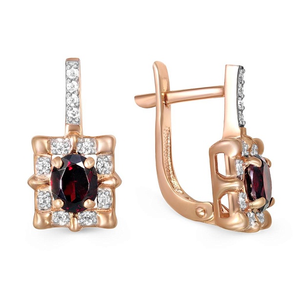 Серьги из красного золота с 2 гранатами и 32 фианитами