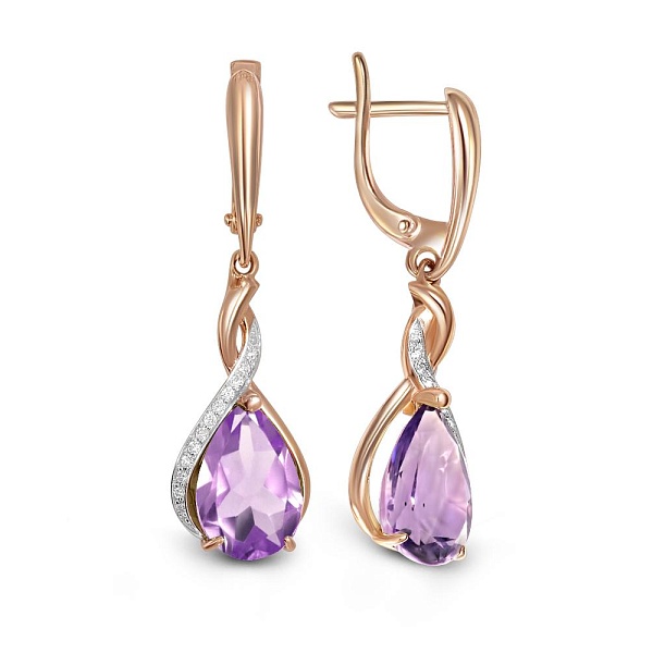 Серьги из красного золота с 2 аметистами и 24 фианитами