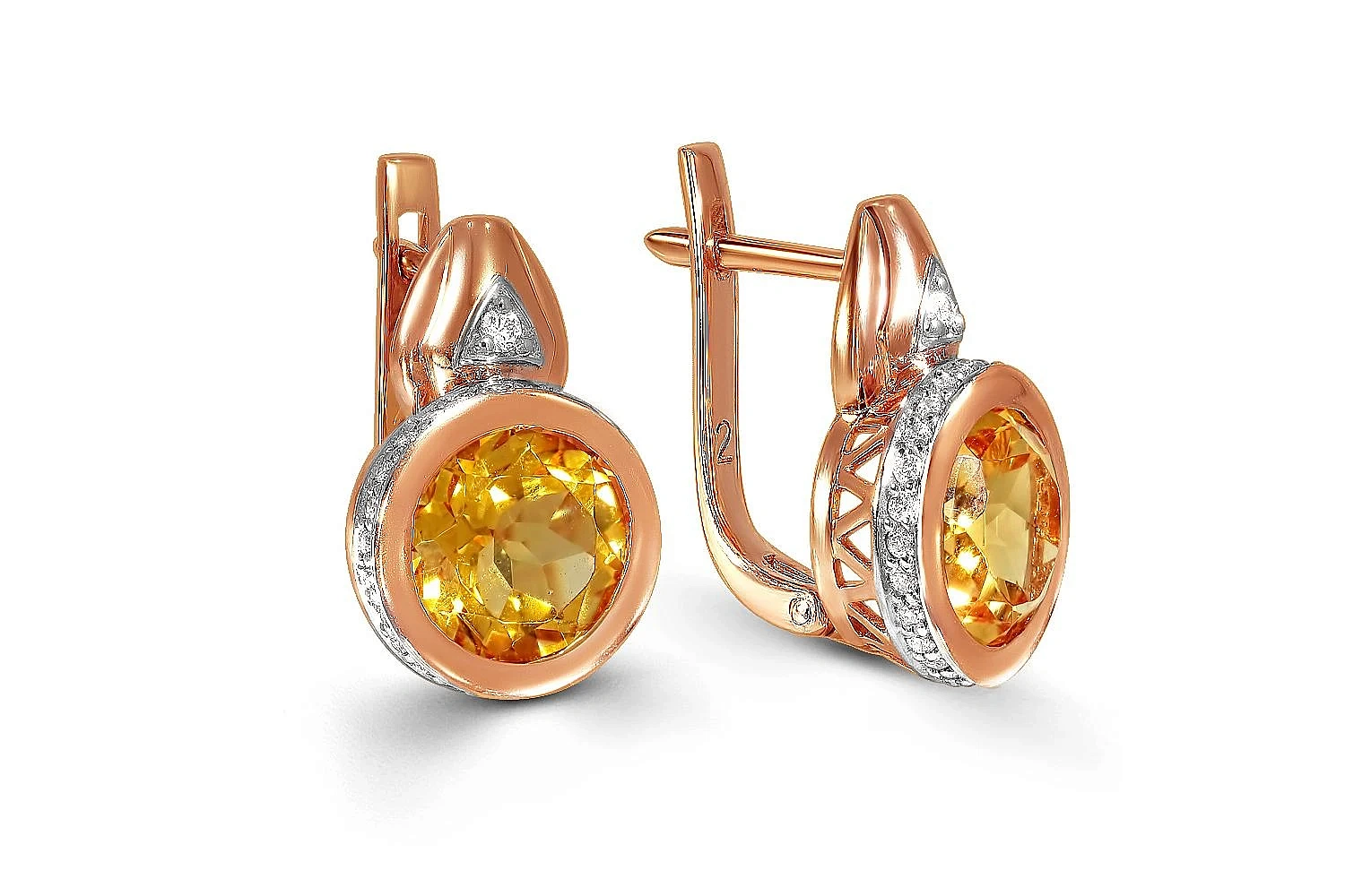 Серьги из красного золота с 2 цитринами и 54 фианитами