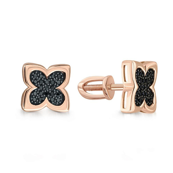Серьги-пусеты Клевер из красного золота с 42 фианитами