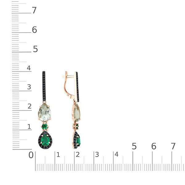 Серьги из красного золота с празиолитами, фианитами и изумрудами