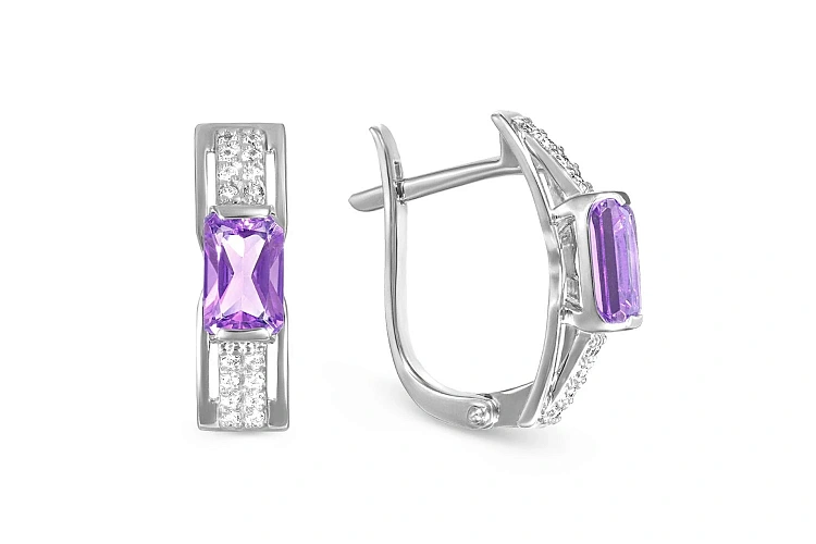 Серьги из белого золота с 2 аметистами и 32 фианитами