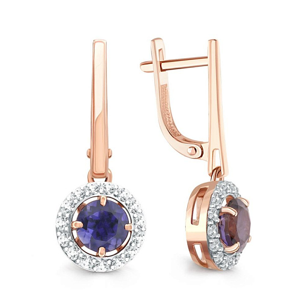 Серьги из красного золота с 2 иолитами и 30 фианитами